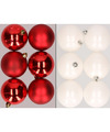 12x stuks kunststof kerstballen mix van rood en wit 8 cm