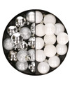 28x stuks kleine kunststof kerstballen wit en zilver 3 cm