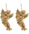 2x Kerst hangdecoratie gouden engeltjes met lute muziekinstrument 10 cm