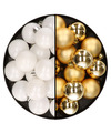 32x stuks kunststof kerstballen mix van wit en goud 4 cm
