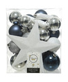 33x Kunststof kerstballen mix zilver-wit-blauw 5-6-8 cm kerstboom versiering-decoratie