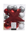 33x Kunststof kerstballen mix zilver-wit-rood 5-6-8 cm kerstboom versiering-decoratie