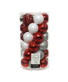 37x stuks kunststof kerstballen zilver-rood-wit 6 cm mat-glans-glitter
