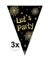 3x Oud en nieuw vlaggenlijn let's party zwart-goud 5 meter