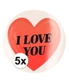 5 x Valentijnskado stickers I Love You hartje 9 cm