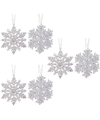6x Zilveren sneeuwvlok-ijsster kerstornamenten kerst hangers 12 cm met glitters