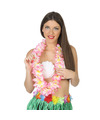 Atosa Hawaii krans-slinger Tropische kleuren mix roze-wit Bloemen hals slingers verkleed accessoires