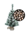 Besneeuwde mini kerstboom-kunst kerstboom 35 cm met kerstballen champagne