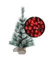 Besneeuwde mini kerstboom-kunst kerstboom 35 cm met kerstballen rood
