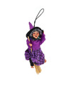Creation decoratie heksen pop vliegend op bezem 10 cm zwart-paars Halloween versiering