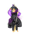 Creation decoratie heksen pop vliegend op bezem 35 cm zwart-paars Halloween versiering