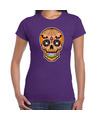 Day of the dead skelet gezicht halloween verkleed t-shirt paars voor dames