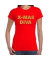Foute kerstborrel t-shirt-kerstshirt x-mas diva glitter goud op rood dames