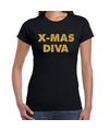 Foute kerstborrel t-shirt-kerstshirt x-mas diva glitter goud op zwart dames