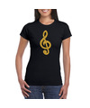Gouden muziek noot G-sleutel t-shirt zwart voor dames