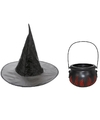 Halloween feest-party heks verkleedaccessoires heksenhoed en ketel 15 cm voor meisjes
