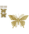 House of Seasons vlinders op clip 2x stuks goud glitter 16 cm