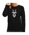 Rendier hoofd Kerst sweater-trui zwart voor dames met zilveren glitter bedrukking