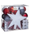 Set van 43x stuks kunststof kerstballen met ster piek rood-wit-grijs mix