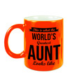 Tante cadeau mok-beker neon oranje Worlds Greatest aunt