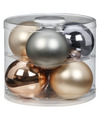 Tube met 6x champagne-zilveren kerstballen van glas 10 cm glans en mat