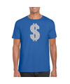 Verkleedkleding gangster-zilveren dollar t-shirt blauw voor heren