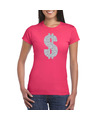 Verkleedkleding gangster-zilveren dollar t-shirt roze voor dames