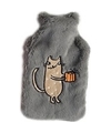 Warmwaterkruik lichtgrijs pluche met bruine katten-poezen afbeelding 2 liter