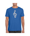 Zilveren muzieknoot G-sleutel t-shirt blauw voor heren