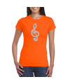 Zilveren muzieknoot-G-sleutel t-shirt oranje voor dames