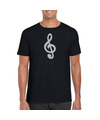 Zilveren muzieknoot G-sleutel t-shirt zwart voor heren